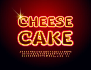 Fototapeta na wymiar Vector tasty emblem Cheese Cake with glowing Font. Neon light Alphabet Letters and Numbers set