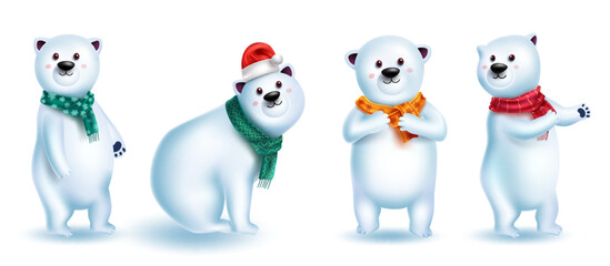 Polar bear characters vector set design. Christmas snow bears 3d character in cute and friendly pose and gestures for xmas winter animal collection. Vector illustration.
