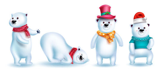 Christmas bear characters vector set. Polar bear 3d character in playful, standing and sitting pose isolated in white background for xmas design collection. Vector illustration.
