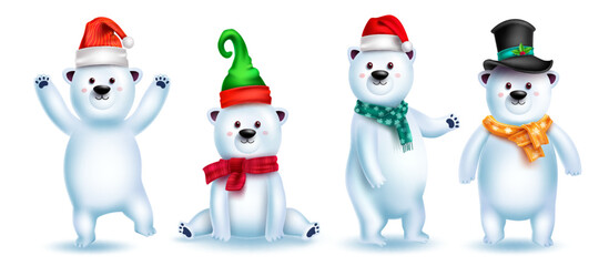 Polar bear characters vector set. Christmas bear 3d cute character in funny and playful gesture with hat and scarf for xmas winter animal collection. Vector illustration.
