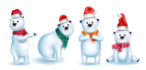 Christmas bear characters vector set. Christmas polar bear 3d cute character with santa hat isolated in white background for friendly snow animal collection. Vector illustration.

