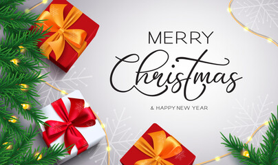 Merry christmas vector design. Merry christmas greeting text with gifts, fir branches and lights elements for xmas holiday season decoration. Vector illustration.
