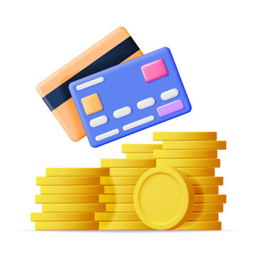 3D Bank Card and Money Stacks. Render Credit Card with Chip and Gold Coin. Business Finance, Online Shopping and Banking. Cashless Payment. Financial Transactions, Money Transfer. Vector Illustration