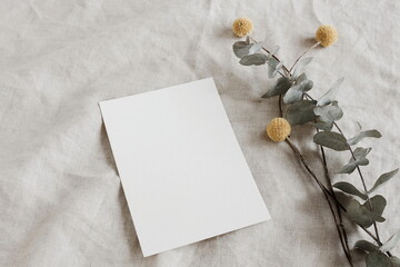 Blank paper sheet cards mockup and Dry flowers and eucalyptus branch top view on beige linen texture  background. Copy space. Flat lay   minimal business brand template neutral color. Card mock up.