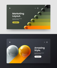 Geometric realistic spheres website screen concept set. Clean horizontal cover design vector template composition.