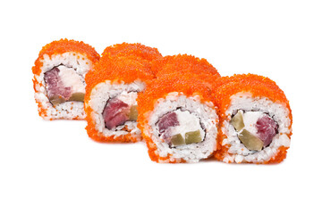 A set of sushi rolls with red caviar. Asian food