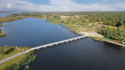Top view of the pedestrian bridge to the island across the Dnieper River 