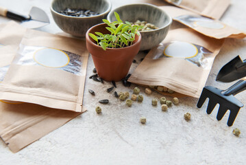 Microgreen seeds in paper bags and equipment for sowing microgreens.
