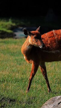 Vertical slow movement of West African Sitatunga standing on greenery field and looking around