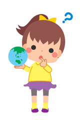 地球を手に持って考え事をする可愛い小さな女の子のイラスト　クリップアート　白背景　全身　SDGs
