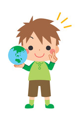 地球を手に持って指差しポーズをする可愛い小さな男の子のイラスト　クリップアート　白背景　SDGs