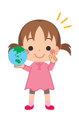 地球を手に持って指差しポーズをする可愛い小さな女の子のイラスト　クリップアート　白背景　SDGs