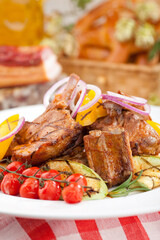 Meat with vegetables, on a white background, food photography.