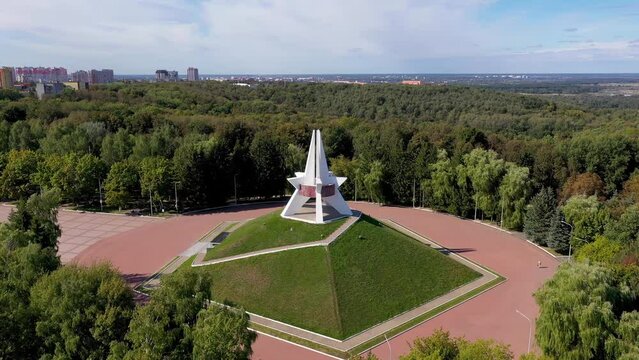 Orbital aerial shot of Immortality Mound (Great Patriotic War memorial) on sunny summer day. Bryansk, Russia.