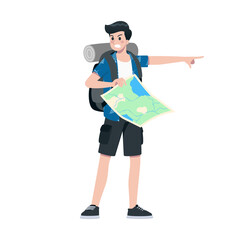 Young happy man tourist flat cartoon character. Traveling male people on summer vacation trip, Isolated on white background.