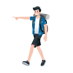 Young happy man tourist flat cartoon character. Traveling male people on summer vacation trip, Isolated on white background.