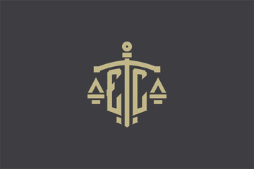 Letter EC logo for law office and attorney with creative scale and sword icon design - obrazy, fototapety, plakaty