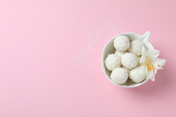 Concept of tasty sweets, coconut candies, space for text