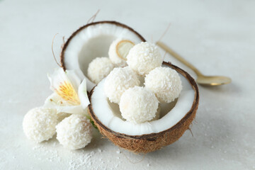 Concept of tasty sweets, coconut candies, close up