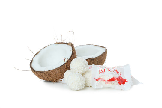 Odessa, Ukraine - 20.10.2021: Coconut and Raffaello candies isolated on white background