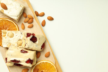 Concept of tasty food, nougat, space for text