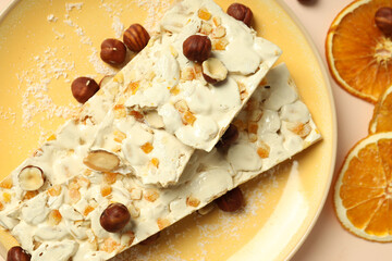 Concept of tasty food, nougat, close up