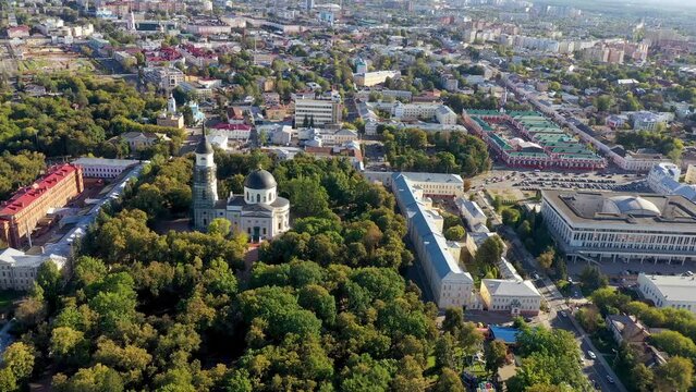 Aerial footage of Kaluga town on sunny summer day, Russia.