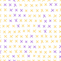 A simple pattern of yellow and purple crosses on a white background. Children's print for fabric, packaging, wallpaper, interior. Vector doodle illustration