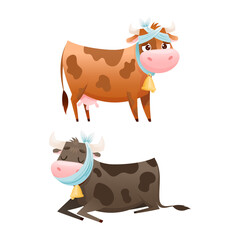 Sick Cow Animal with Bandage on Head Having Headache Vector Set
