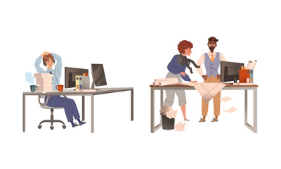 Man and Woman Colleagues in Office Sitting in Headphones at Desk and with Paper Blueprint Engaged in Daily Workflow Vector Set