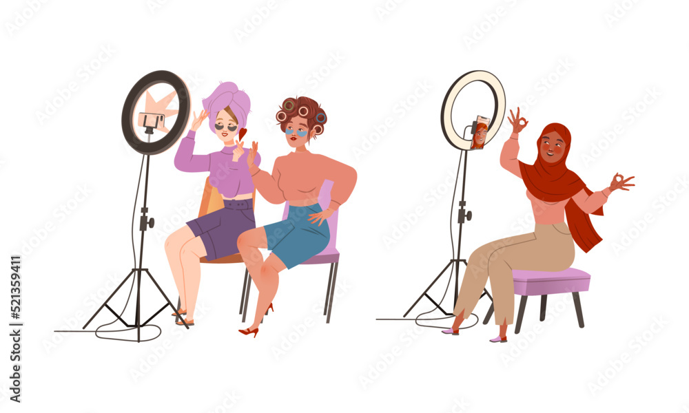 Poster woman character using smartphone as electronic device recording video blog and streaming vector set