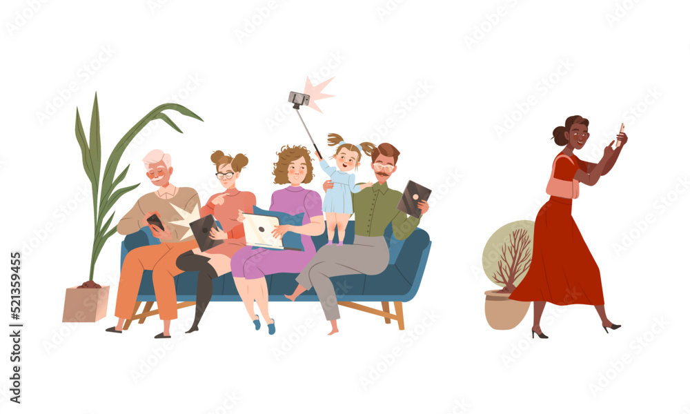 Poster people character sitting on sofa using gadget and electronic device working at laptop, taking selfie
