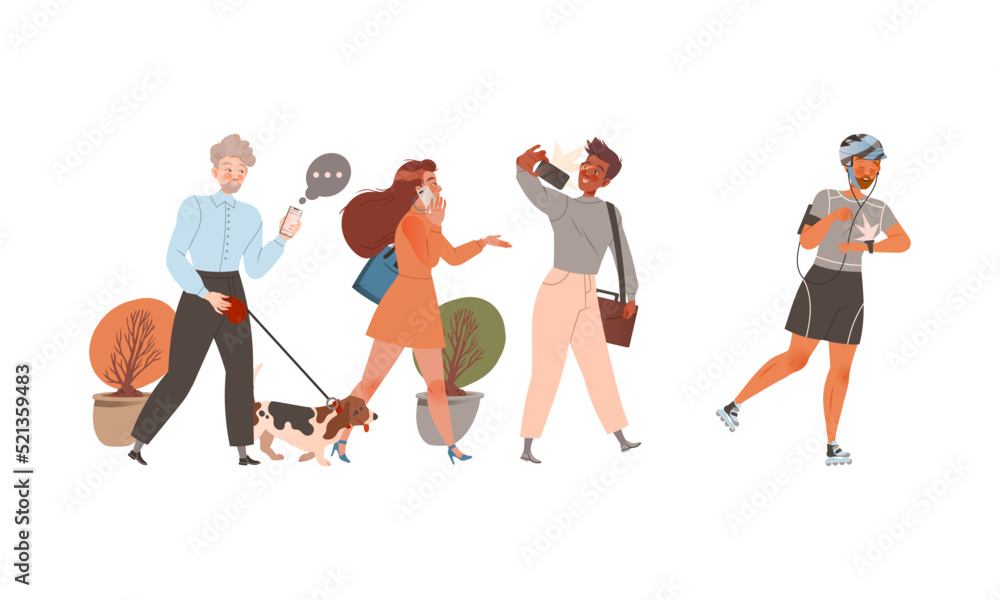 Poster people character using gadget and electronic device speaking by smartphone, taking selfie and runnin