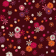 Vintage vector seamless pattern. Nostalgic retro 70s groovy print. Hippie floral background. Textile and surface design with old fashioned hand drawn naive geometric flowers