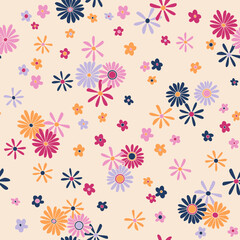 Vintage vector seamless pattern. Nostalgic retro 70s groovy print. Hippie floral background. Textile and surface design with old fashioned hand drawn naive geometric flowers