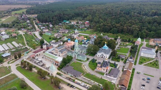 Drone footage of Optina Pustyn monastery on cloudy day. Kaluga Oblast, Russia.