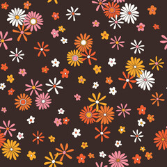 Vintage vector seamless pattern. Nostalgic retro 70s groovy print. Hippie floral background. Textile and surface design with old fashioned hand drawn naive geometric flowers