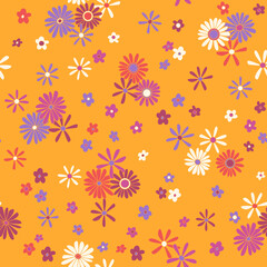 Vintage vector seamless pattern. Nostalgic retro 70s groovy print. Hippie floral background. Textile and surface design with old fashioned hand drawn naive geometric flowers