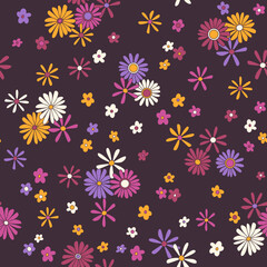 Vintage vector seamless pattern. Nostalgic retro 70s groovy print. Hippie floral background. Textile and surface design with old fashioned hand drawn naive geometric flowers