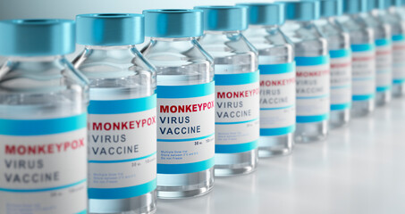Monkeypox vaccination concept with row of vial bottles with copy space  - 3D illustration