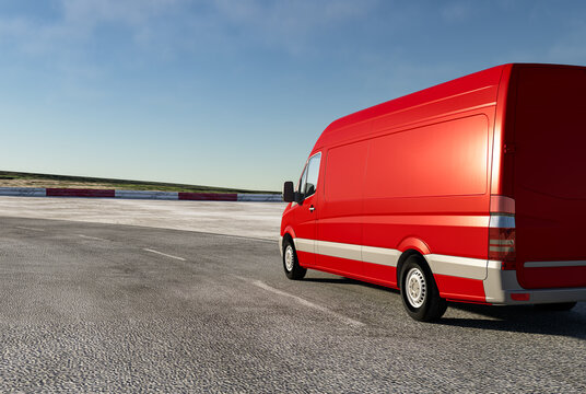 Red cargo minibus on the road. 3D rendering.