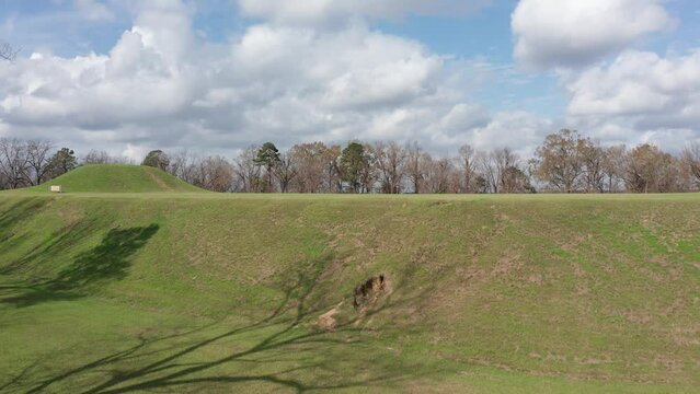 Rising Close-up Aerial Shot Of Emerald Mound, A Native American Religious Site, In Mississippi. 4K