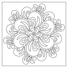 Unique floral mandala art design. Adult coloring pages. Abstract image of flower buds and chili. Black on white pattern. Good mood. Relieve stress and anxiety. EPS8 #595