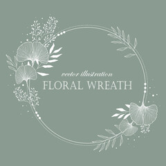 Beautiful green wreath. Elegant floral illustration with white leaves, hand drawn. Design for invitation, wedding or greeting cards.