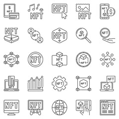 NFT outline vector icons set - Non-Fungible Token line symbols