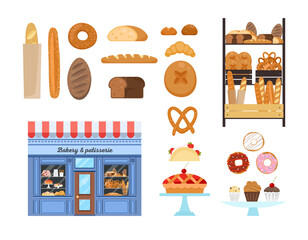 Set with baked food: bread and pastry, and bakery storefront. Flat vector illustration isolated on white background.