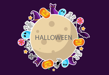 Halloween concept with flat icons around the full moon. Bright icons and dark purple background. 