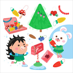 Cute forest animals and Christmas decorations in cartoon style. Design elements for posters, games, books. Vector hand drawn illustration.