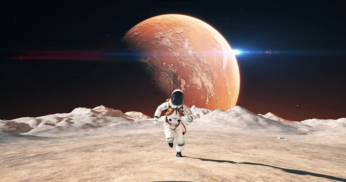 Astronaut Running On A Planet Surface. Space Related Majestic Scene.