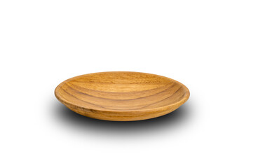 Empty round wooden plate bowl cup isolated on white background with clipping path.